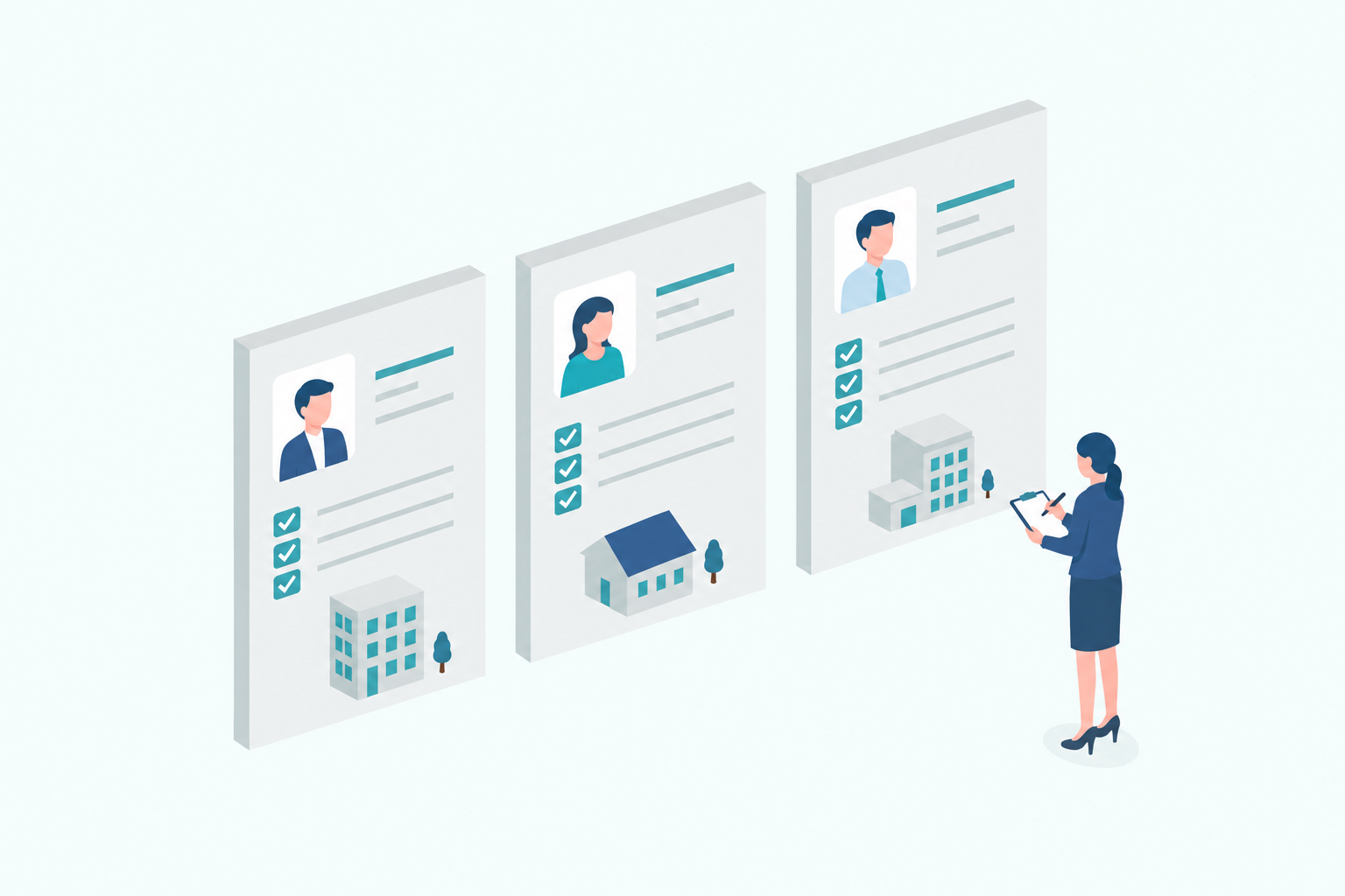 複数の掲載情報を照合し、企業や店舗の情報を正確にそろえるイラスト