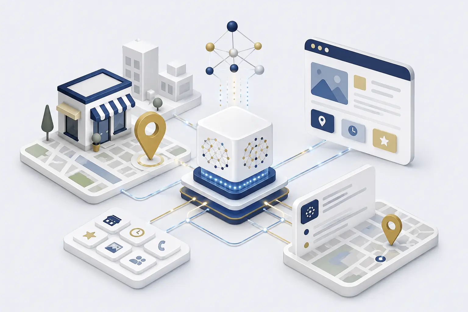 企業・店舗情報をAI検索・地図・WEBサイトへ連携するAIO・MEOのイメージ