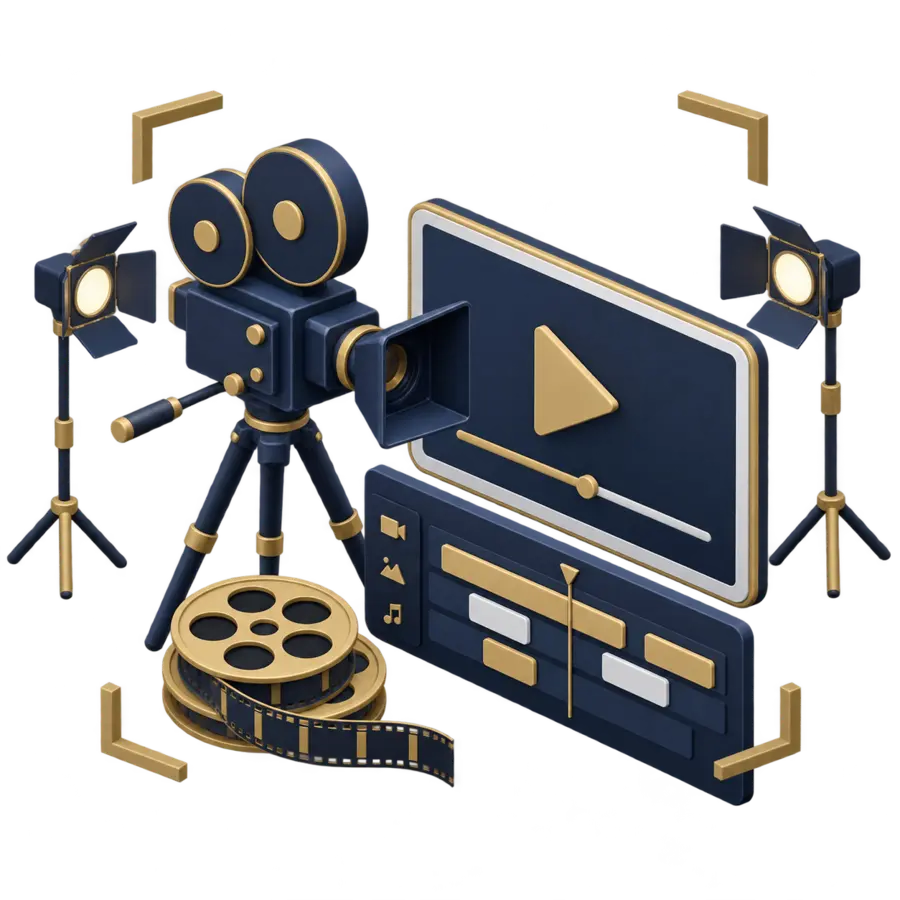 カメラと編集画面で示すプロモーション動画の企画・撮影・編集